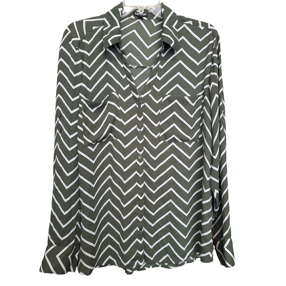 Express Tops - Express Green Chevron Roll-Tab Sleeve Button-Up Shirt Size XL